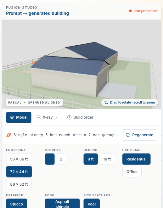 Fusion Studio console — prompt row, live Pascal 3D model, and spec chips for footprint, storeys, ceiling and materials