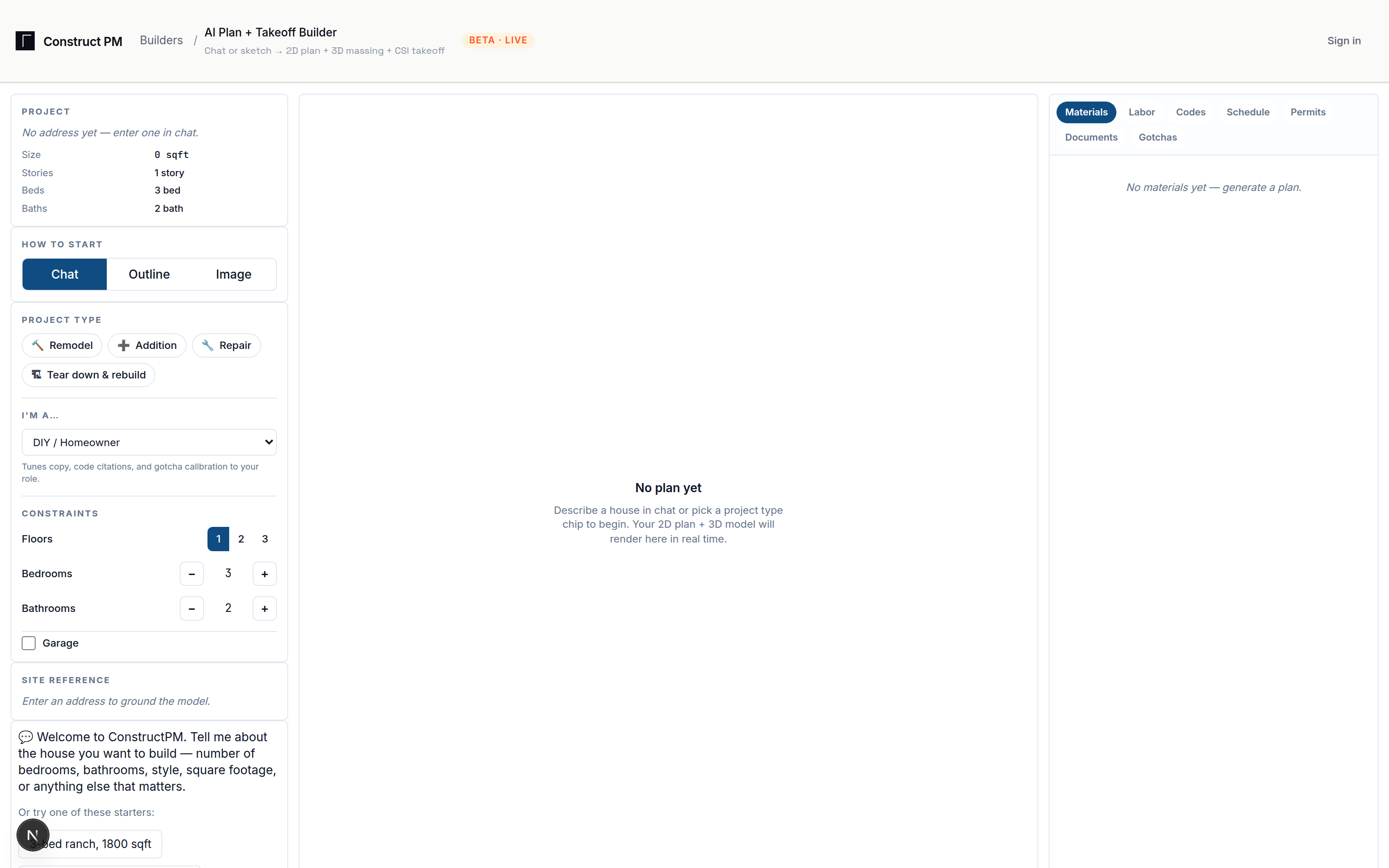 Plan + Takeoff builder with plan canvas, takeoff, and 3D views